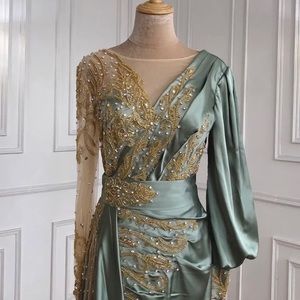 Satin long sleeve lace evening dress